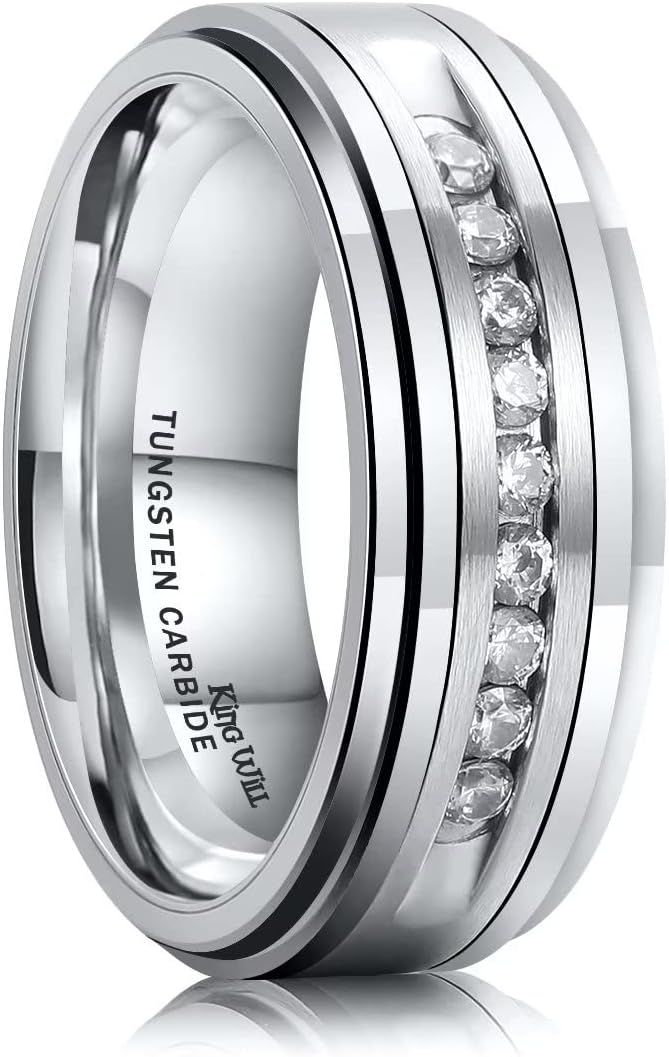 King Will GEM Mens 8mm Black Polished Finish Tungsten Carbide Ring Cubic Zircon Stones Flat Style