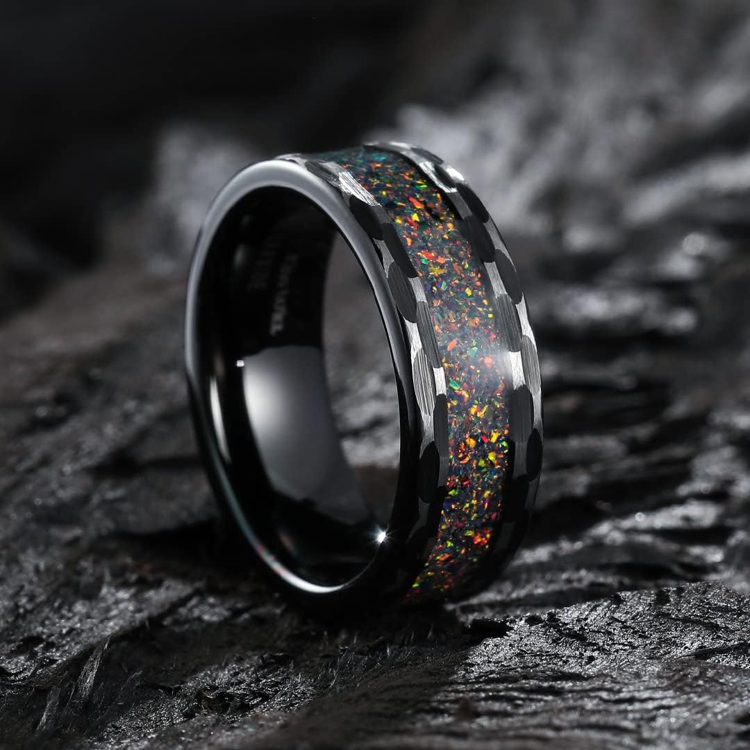 King Will 8mm Wood/Red Opal/Gold Foils/Purple Meteorite Inlaid Black Tungsten Carbide Rings Wedding Band Brushed Hammered Men’s Engagement Ring Comfort Fit for Men Women