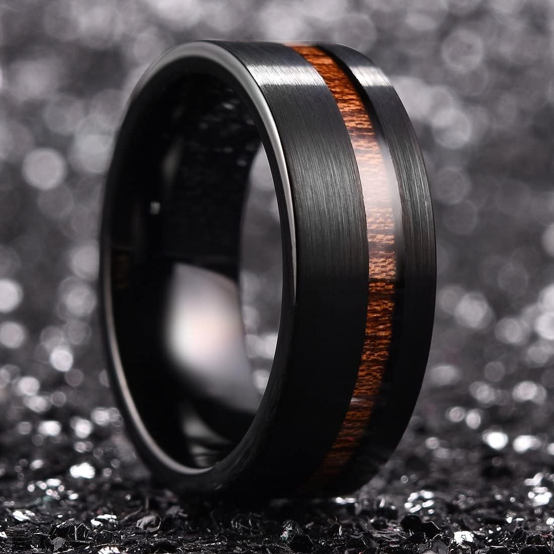 King Will 8mm Wood/Red Opal/Gold Foils/Purple Meteorite Inlaid Black Tungsten Carbide Rings Wedding Band Brushed Hammered Men’s Engagement Ring Comfort Fit for Men Women