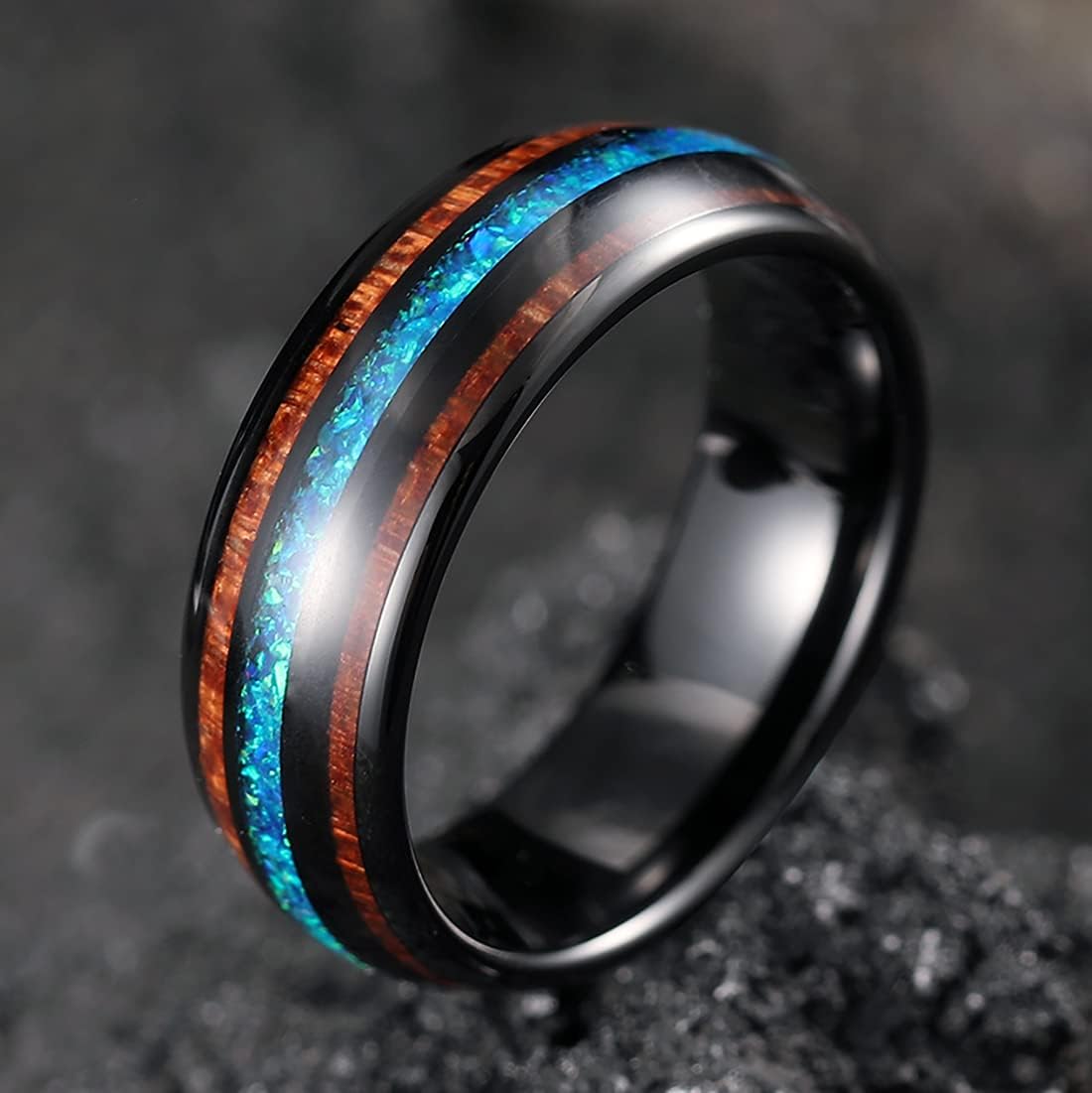 King Will Nature 8mm Turquoise Tungsten Carbide Wedding Ring Abalone Shell Opal Inlaid Real Wood Engagement Band for Men