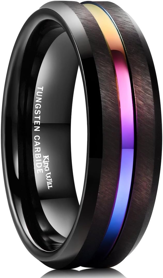 King Will 6mm 7mm 8mm Groove Tungsten Carbide Wedding Ring for Men Black/Silver/Rainbow/Rose Gold/Red/Brown/Blue Thin Groove Center Tungsten Wedding Band Matte Finish