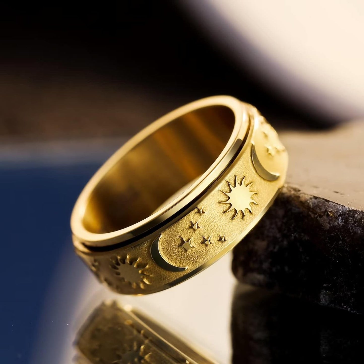 King Will Mens Fidget Ring Black/Gold/Rose Gold/Rainbow 8mm Stainless Steel Ring Spinner Ring For Men Women Stress Anxiety Relief Rotating Ring Finger Teens Toy Moon Sun Star/Triple Moon/Sand Blasted Comfort Fit For Unisex Adults