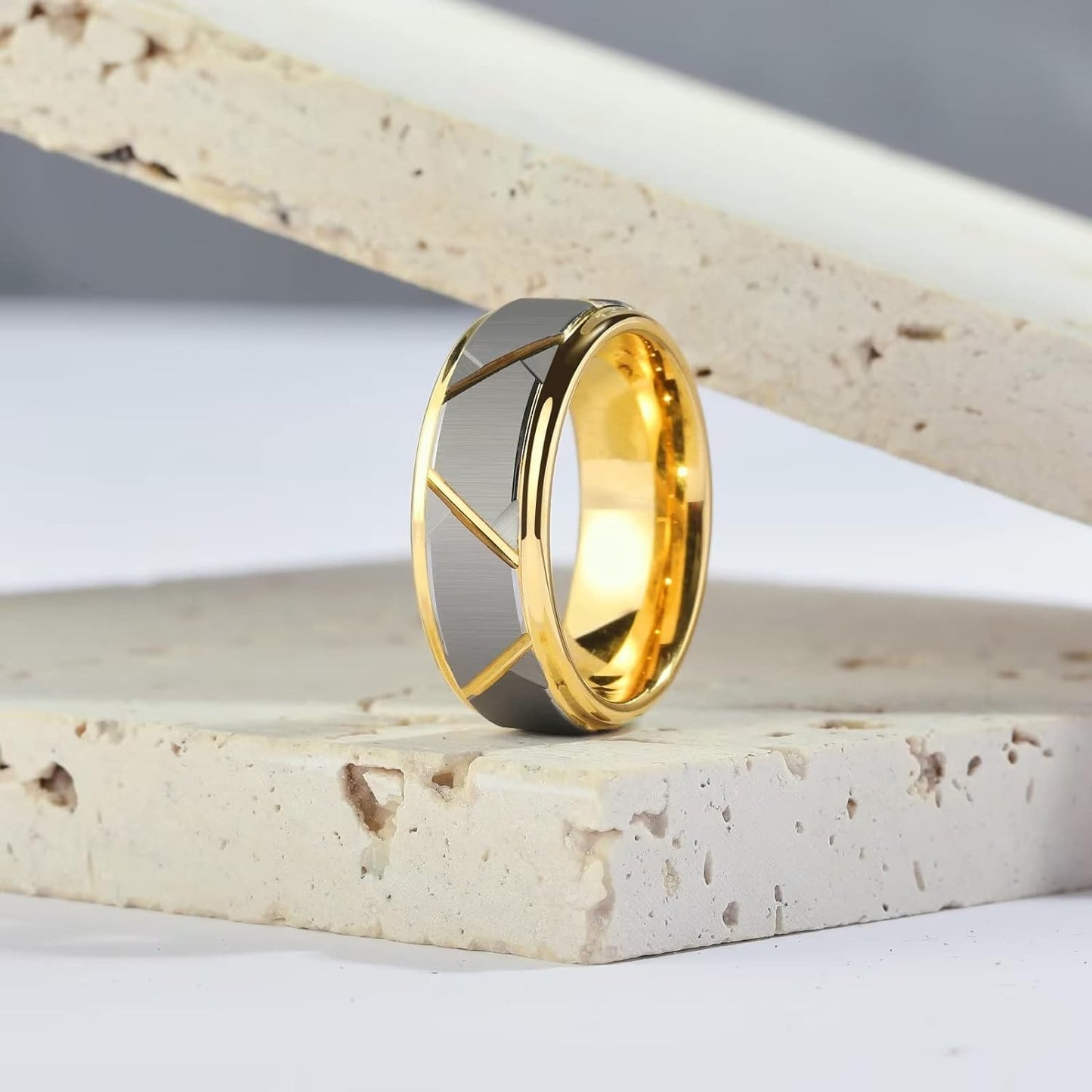 King Will 8mm Men's Tungsten Carbide Silver/Gold/Rose Gold Ring Gold Domed High Polished/Grooved/Faceted/Sandstone Sticker Inlay Step Edge Comfort Fit Wedding Ring