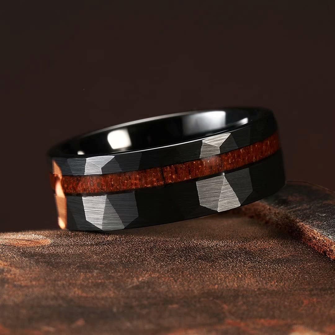 King Will 8mm Wood/Red Opal/Gold Foils/Purple Meteorite Inlaid Black Tungsten Carbide Rings Wedding Band Brushed Hammered Men’s Engagement Ring Comfort Fit for Men Women