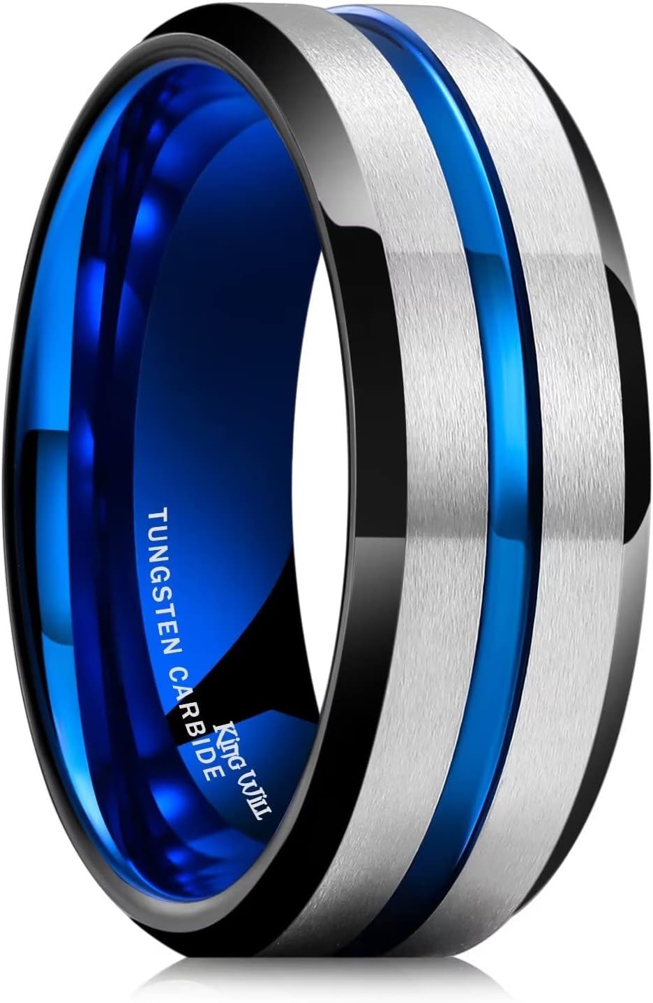 King Will 6mm 7mm 8mm Groove Tungsten Carbide Wedding Ring for Men Black/Silver/Rainbow/Rose Gold/Red/Brown/Blue Thin Groove Center Tungsten Wedding Band Matte Finish