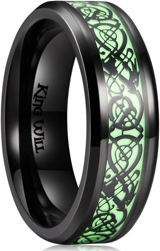 King Will DRAGON Mens Celtic Dragon Titanium Stainless Steel Ring Blue/Black/Green/Red Carbon Fibre Luminou Glow Celtic Dragon Titanium Stainless Steel Ring 7mm 8mm 9mm Zircon Polished Beveled Edge and Black Plated Wedding Band mens