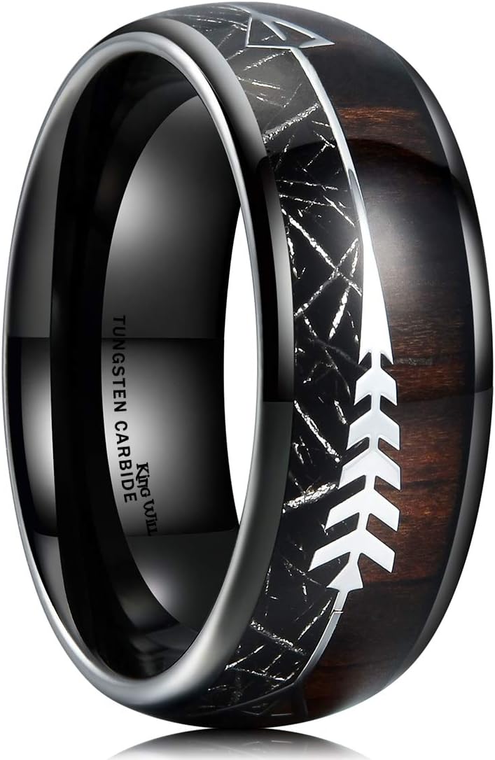 King Will Nature 8mm Arrow Tungsten Carbide Ring Wood Meteorite Sticker Inlay Domed Wedding Ring for Men