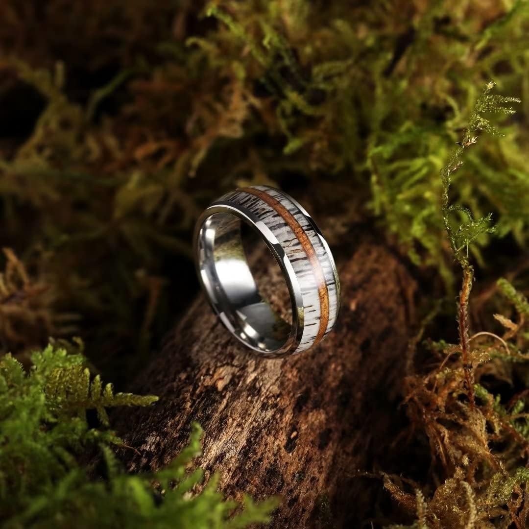 King Will 8mm Black Titanium Ring Sapele Wood Antlers Inlay Wedding Ring High Polished for Women Men Comfort Fit
