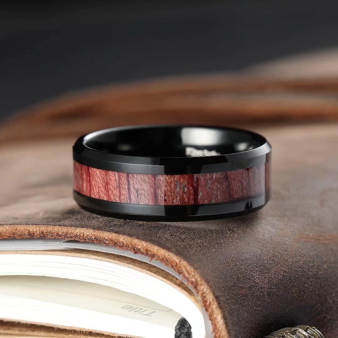 King Will Nature Koa Wood Inlay Tungsten Carbide Wedding Ring 8mm Rose Gold/Blue/Black/Silver High Polished Comfort Fit
