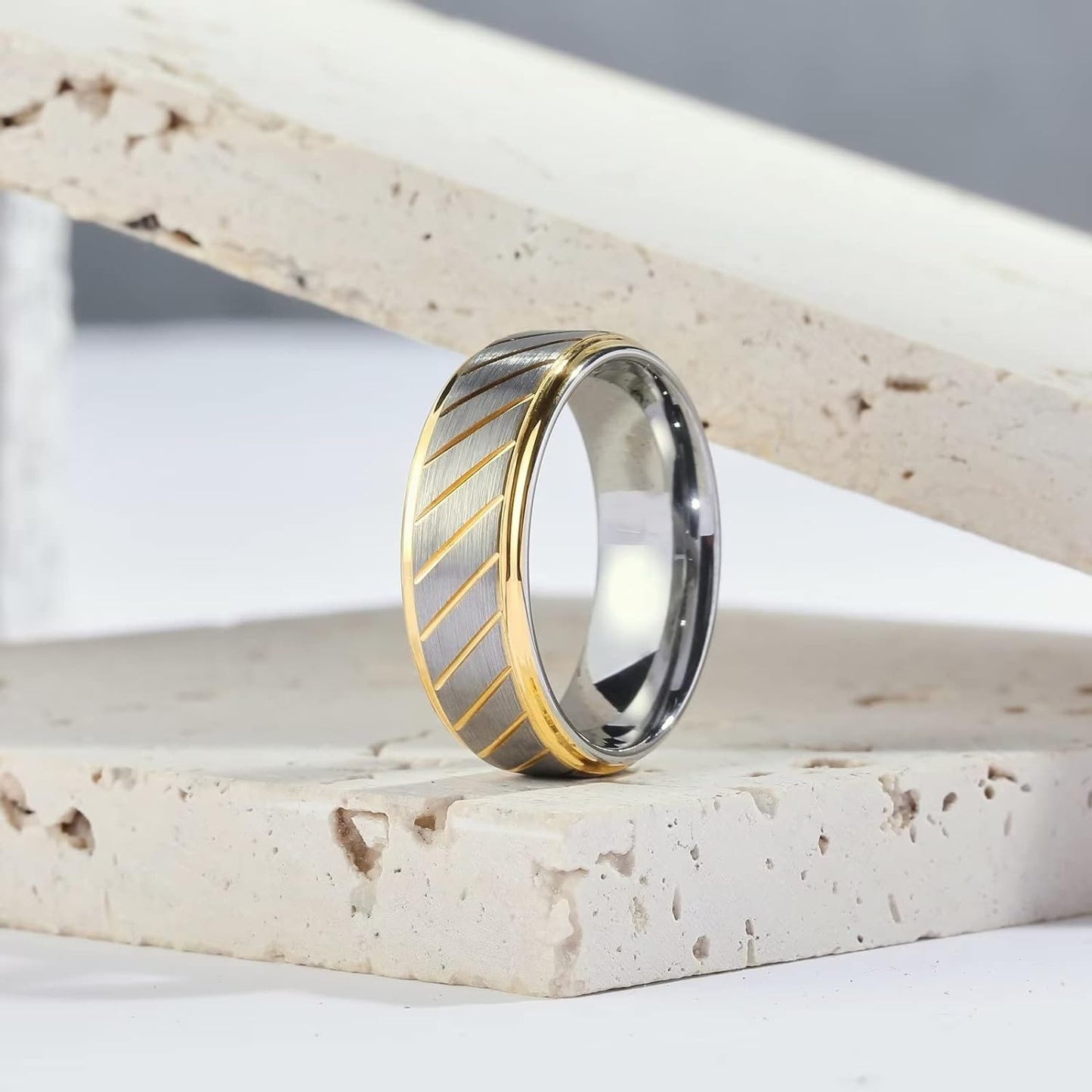 King Will 8mm Men's Tungsten Carbide Silver/Gold/Rose Gold Ring Gold Domed High Polished/Grooved/Faceted/Sandstone Sticker Inlay Step Edge Comfort Fit Wedding Ring