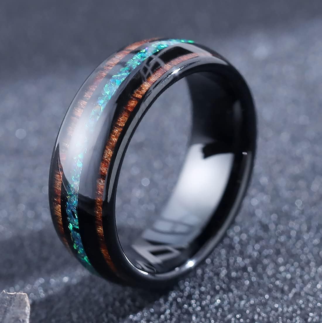 King Will Nature 8mm Turquoise Tungsten Carbide Wedding Ring Abalone Shell Opal Inlaid Real Wood Engagement Band for Men