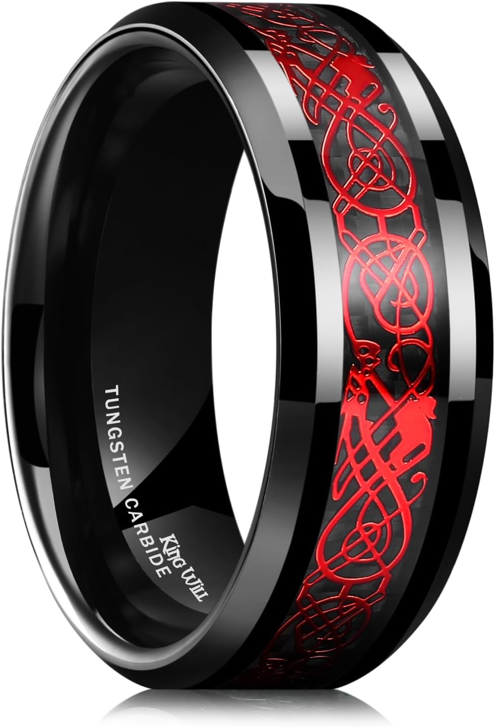 King Will DRAGON Men's 8mm/6mm/5mm Red/Green Carbon Fiber Black Celtic Dragon Tungsten Carbide Ring Comfort Fit Wedding Band