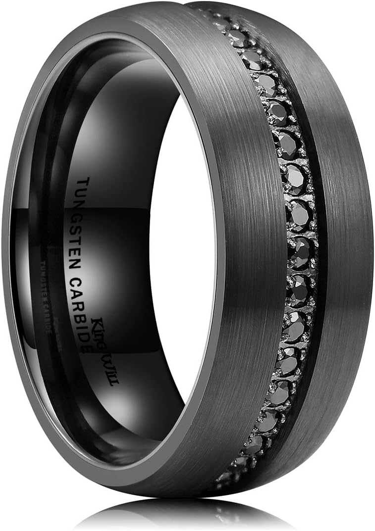 King Will GEM Mens 8mm Black Polished Finish Tungsten Carbide Ring Cubic Zircon Stones Flat Style