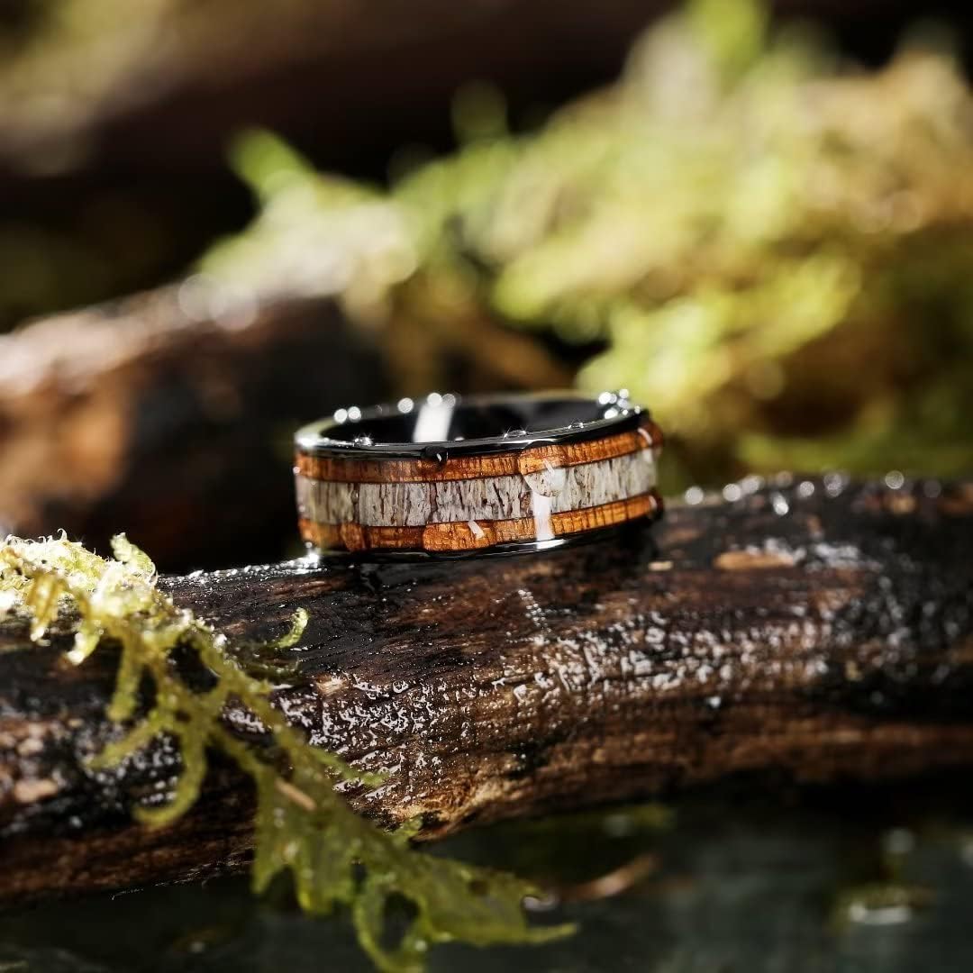 King Will 8mm Black Titanium Ring Sapele Wood Antlers Inlay Wedding Ring High Polished for Women Men Comfort Fit