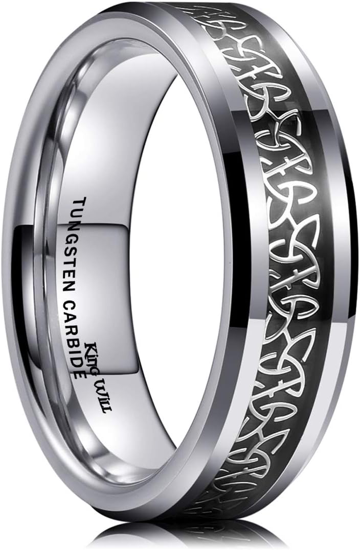 King Will Classic Tungsten Carbide Ring Silver/Black/Red/Green Inlay Celtic Knot 6mm/8mm Wedding Band for Men Engagement Ring Comfort Fit
