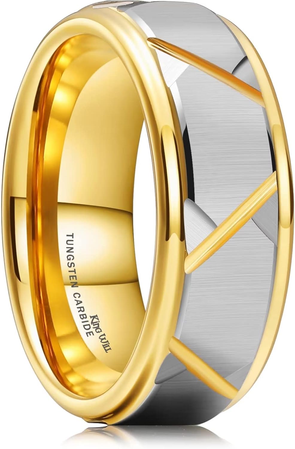 King Will 8mm Men's Tungsten Carbide Silver/Gold/Rose Gold Ring Gold Domed High Polished/Grooved/Faceted/Sandstone Sticker Inlay Step Edge Comfort Fit Wedding Ring