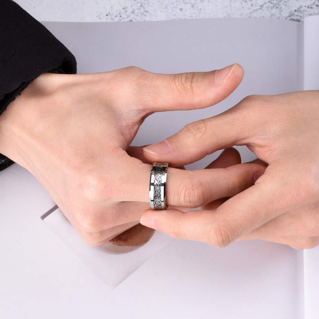 King Will DRAGON Men's 8mm/6mm/5mm Red/Green Carbon Fiber Black Celtic Dragon Tungsten Carbide Ring Comfort Fit Wedding Band