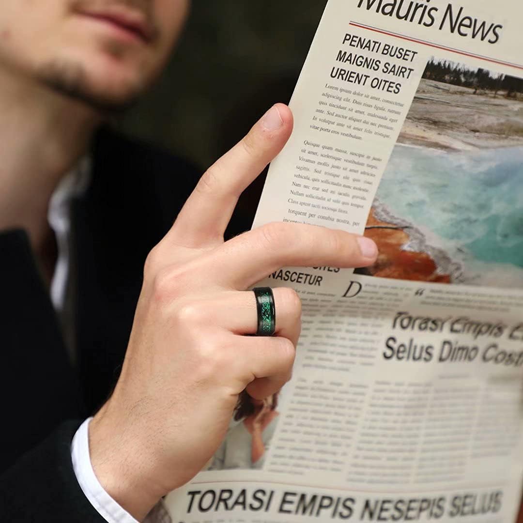 King Will DRAGON Mens Celtic Dragon Titanium Stainless Steel Ring Blue/Black/Green/Red Carbon Fibre Luminou Glow Celtic Dragon Titanium Stainless Steel Ring 7mm 8mm 9mm Zircon Polished Beveled Edge and Black Plated Wedding Band mens