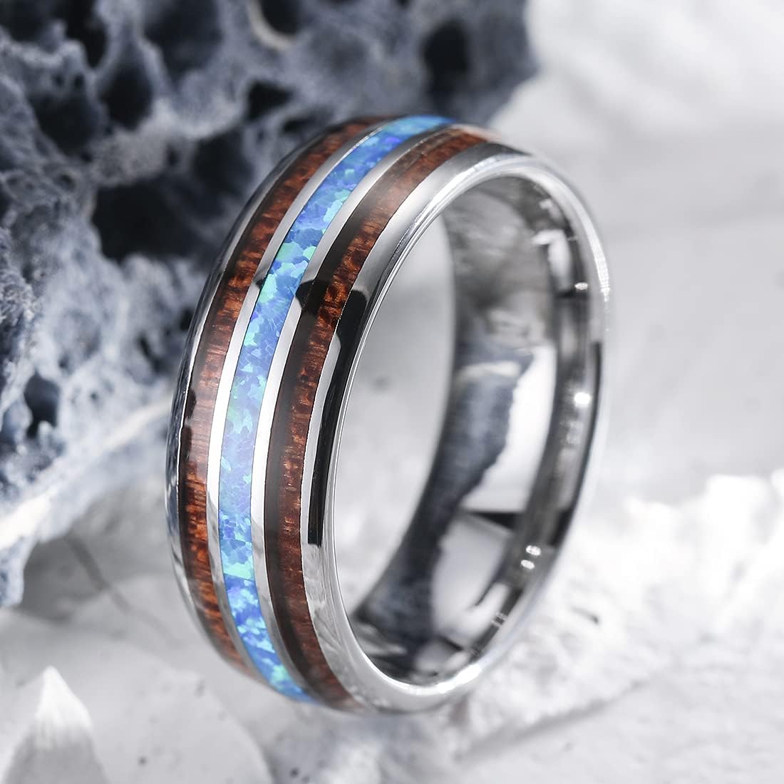 King Will Nature 8mm Turquoise Tungsten Carbide Wedding Ring Abalone Shell Opal Inlaid Real Wood Engagement Band for Men