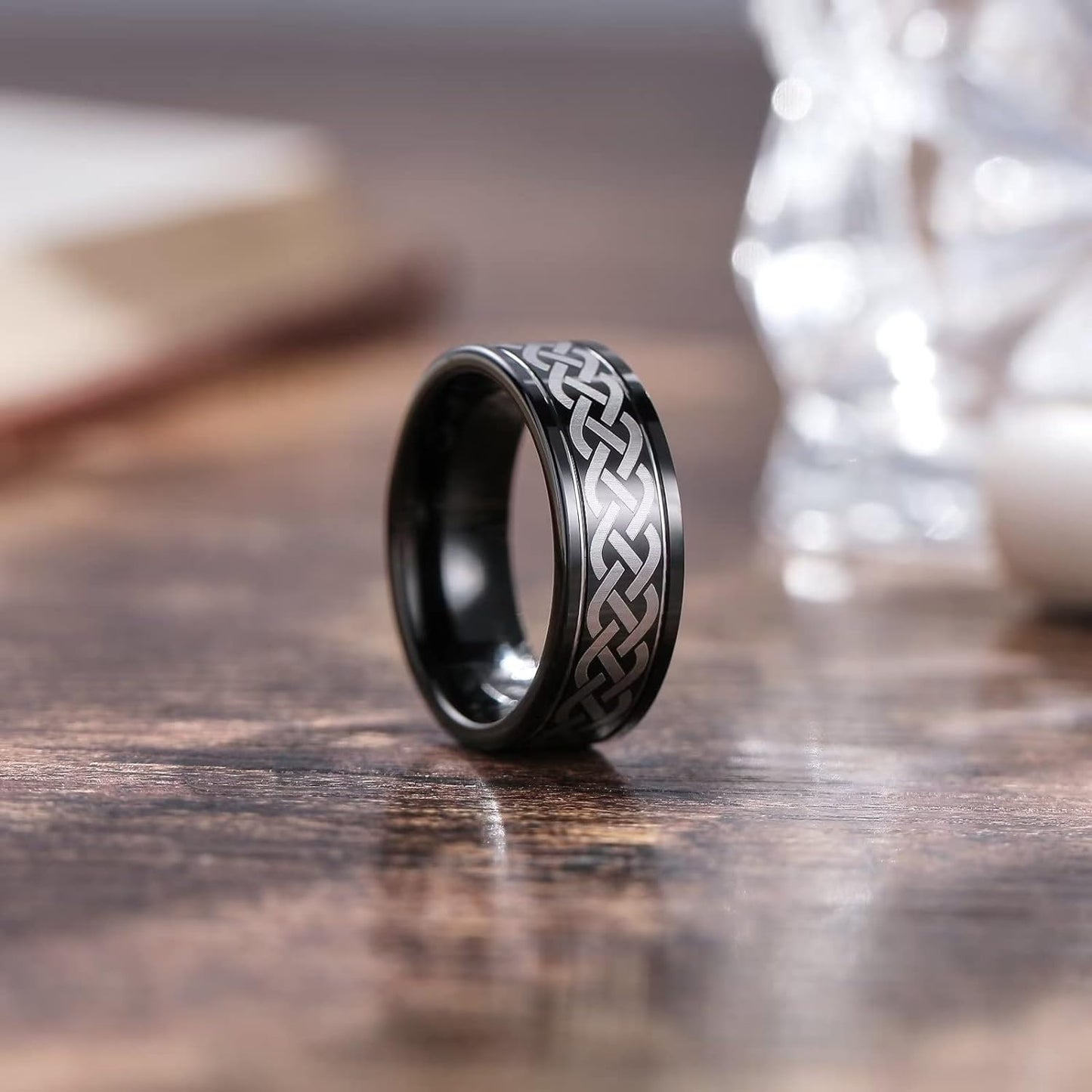 King Will Silver Black Celtic Knot/Greek Key Tungsten Wedding Rings Two Grooves Edge Laser Polished Celtic Knot/Greek Key Center and Matte Brushed Surface Wedding Band for Men Women