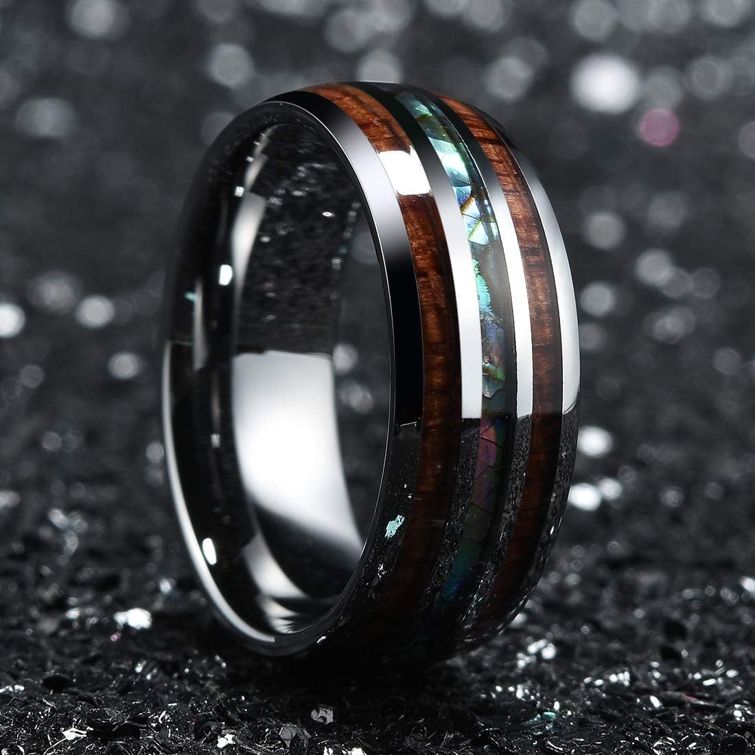 King Will Nature 8mm Turquoise Tungsten Carbide Wedding Ring Abalone Shell Opal Inlaid Real Wood Engagement Band for Men