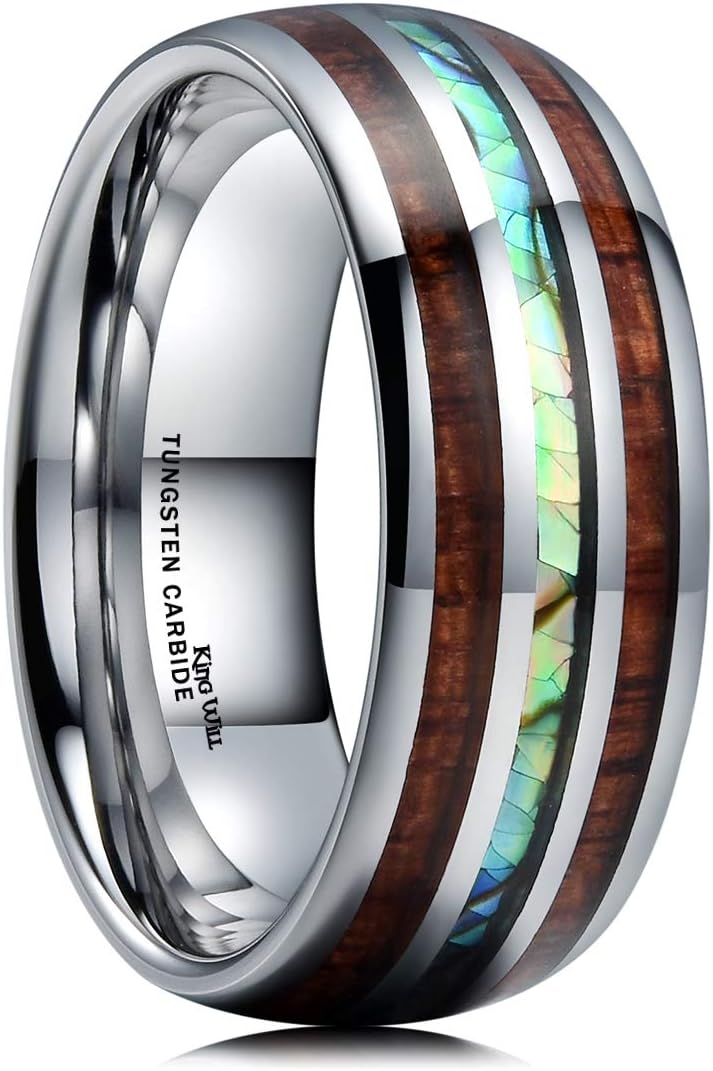 King Will Nature 8mm Turquoise Tungsten Carbide Wedding Ring Abalone Shell Opal Inlaid Real Wood Engagement Band for Men