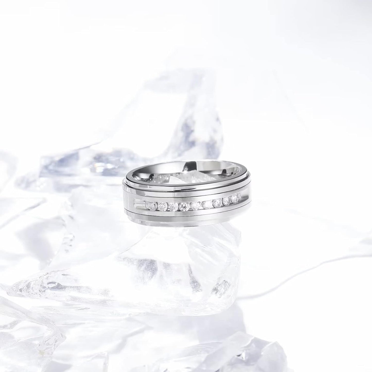 King Will GEM Mens 8mm Black Polished Finish Tungsten Carbide Ring Cubic Zircon Stones Flat Style