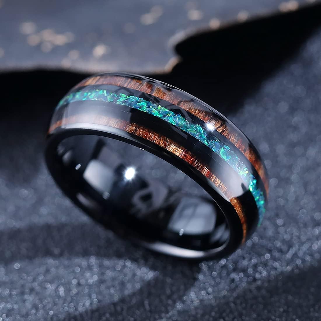 King Will Nature 8mm Turquoise Tungsten Carbide Wedding Ring Abalone Shell Opal Inlaid Real Wood Engagement Band for Men