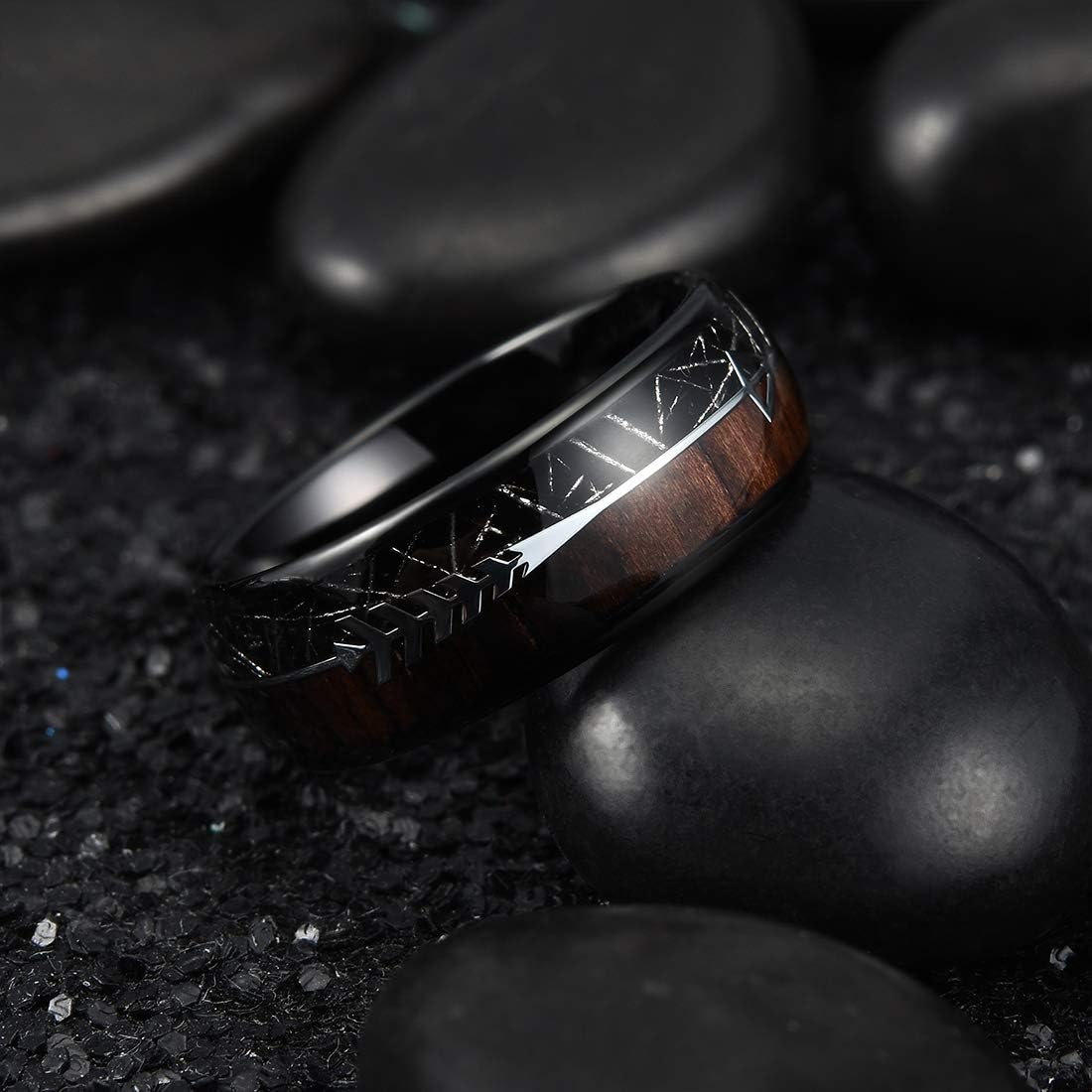 King Will Nature 8mm Arrow Tungsten Carbide Ring Wood Meteorite Sticker Inlay Domed Wedding Ring for Men