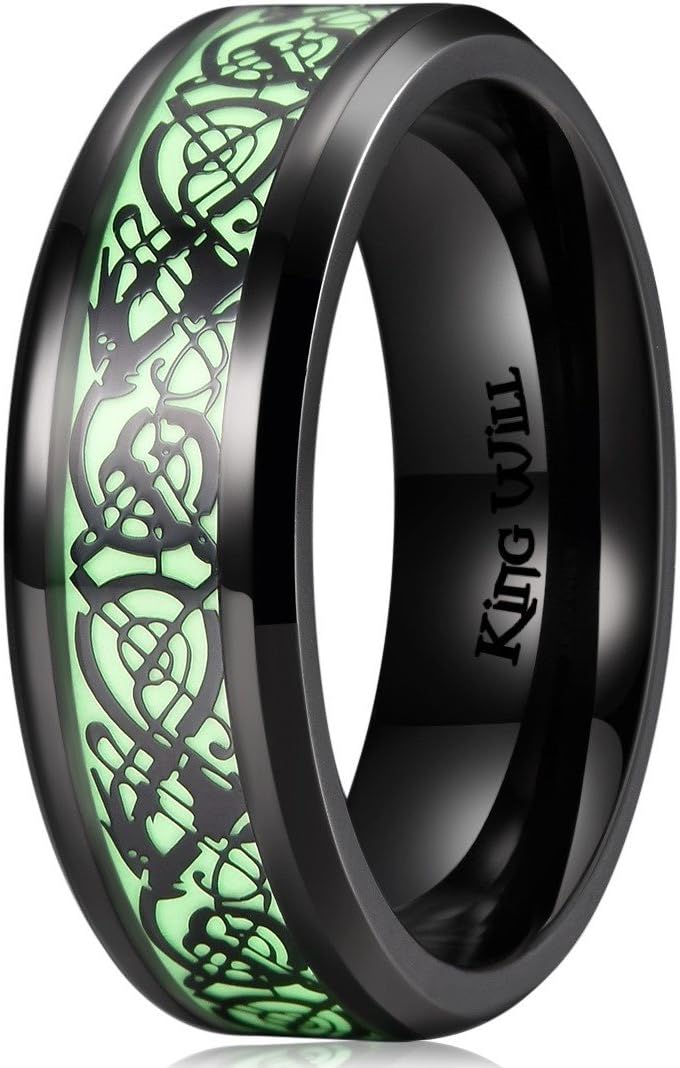 King Will DRAGON Mens Celtic Dragon Titanium Stainless Steel Ring Blue/Black/Green/Red Carbon Fibre Luminou Glow Celtic Dragon Titanium Stainless Steel Ring 7mm 8mm 9mm Zircon Polished Beveled Edge and Black Plated Wedding Band mens