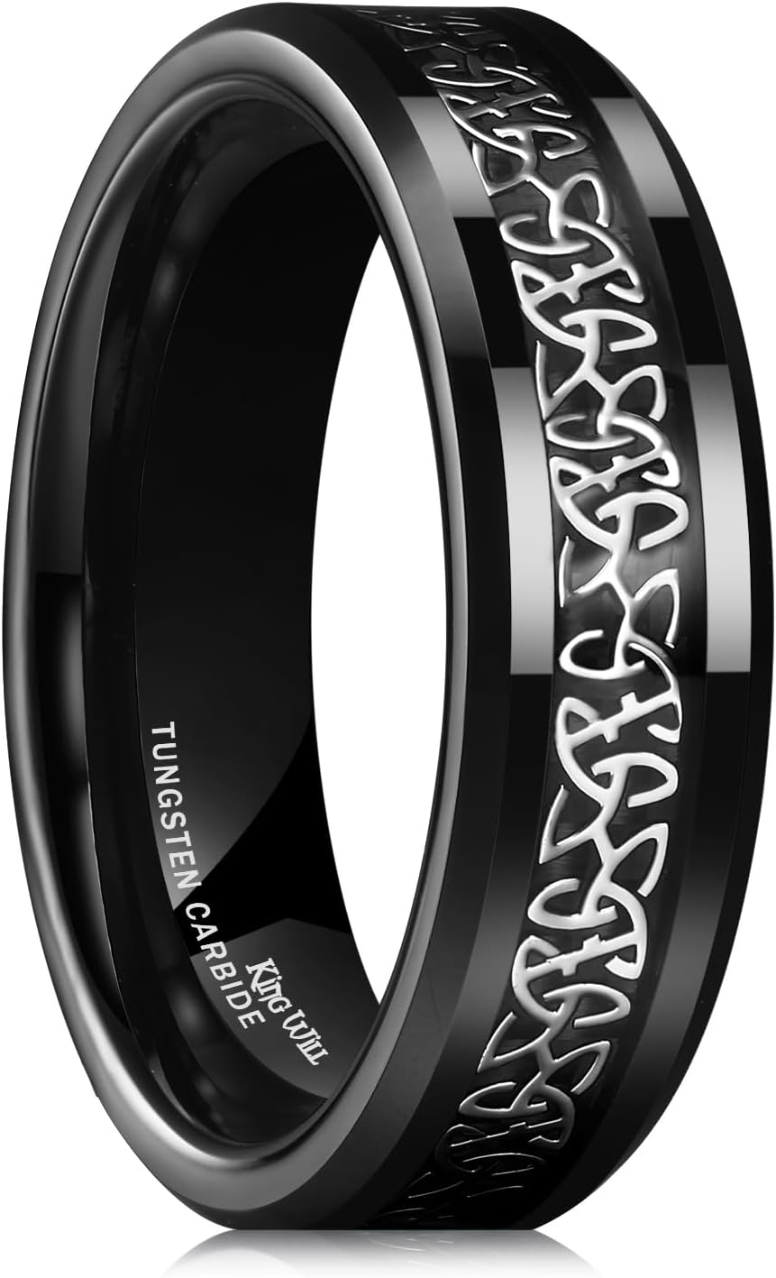 King Will Classic Tungsten Carbide Ring Silver/Black/Red/Green Inlay Celtic Knot 6mm/8mm Wedding Band for Men Engagement Ring Comfort Fit