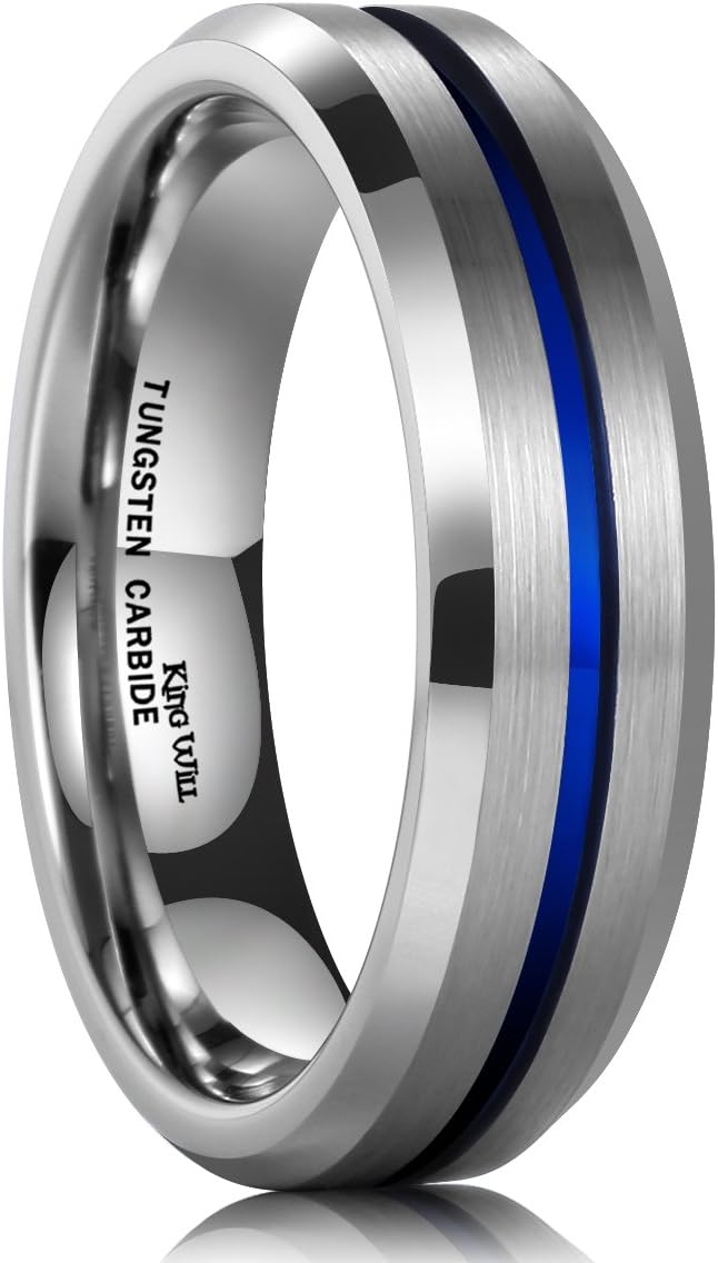 King Will 6mm 7mm 8mm Groove Tungsten Carbide Wedding Ring for Men Black/Silver/Rainbow/Rose Gold/Red/Brown/Blue Thin Groove Center Tungsten Wedding Band Matte Finish