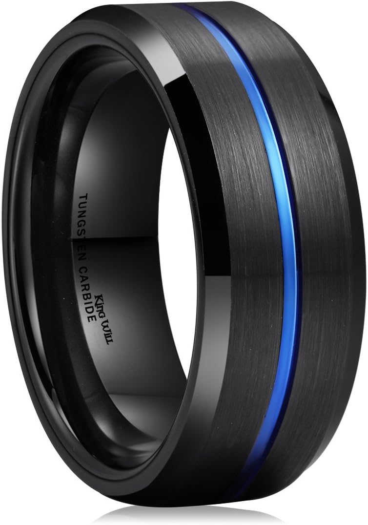 King Will 6mm 7mm 8mm Groove Tungsten Carbide Wedding Ring for Men Black/Silver/Rainbow/Rose Gold/Red/Brown/Blue Thin Groove Center Tungsten Wedding Band Matte Finish