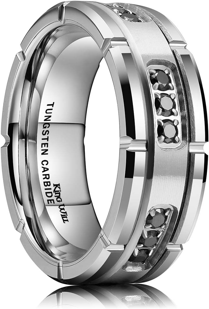 King Will GEM Mens 8mm Black Polished Finish Tungsten Carbide Ring Cubic Zircon Stones Flat Style