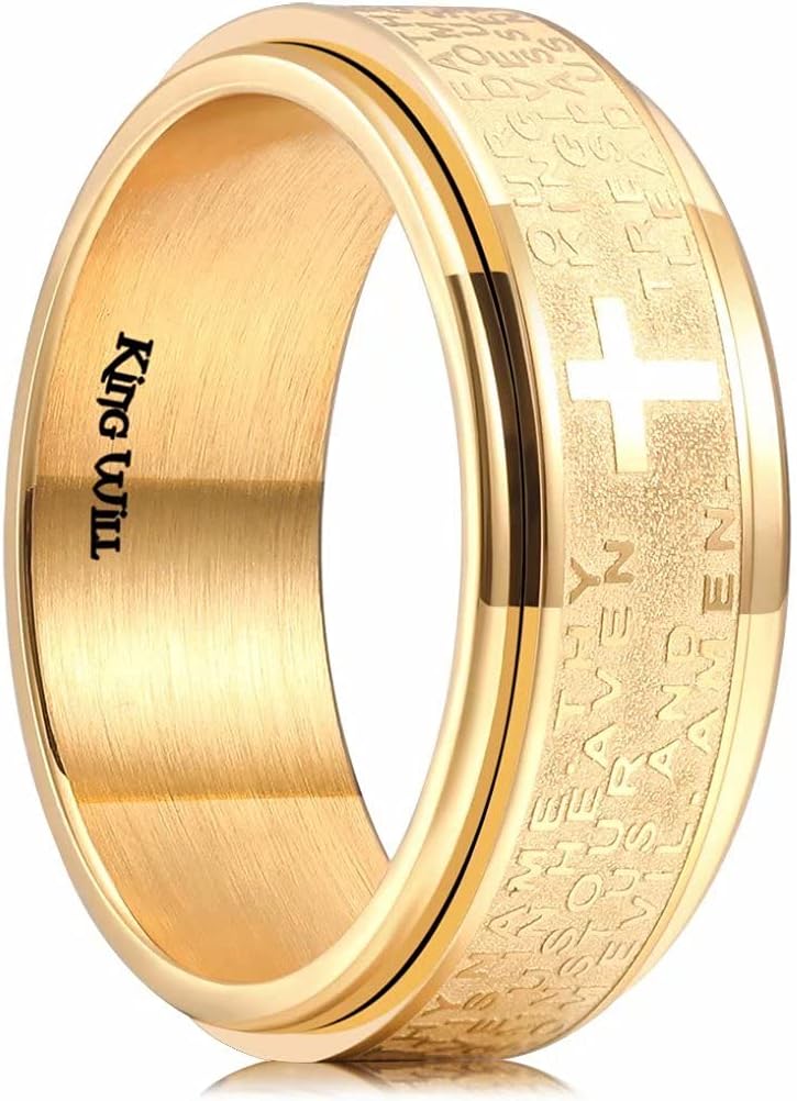 King Will 8mm Black/Gold/Silver Stainless Steel Ring Lord's Prayer Rotatable Ring Men Wedding Band Rings Comfort Fit