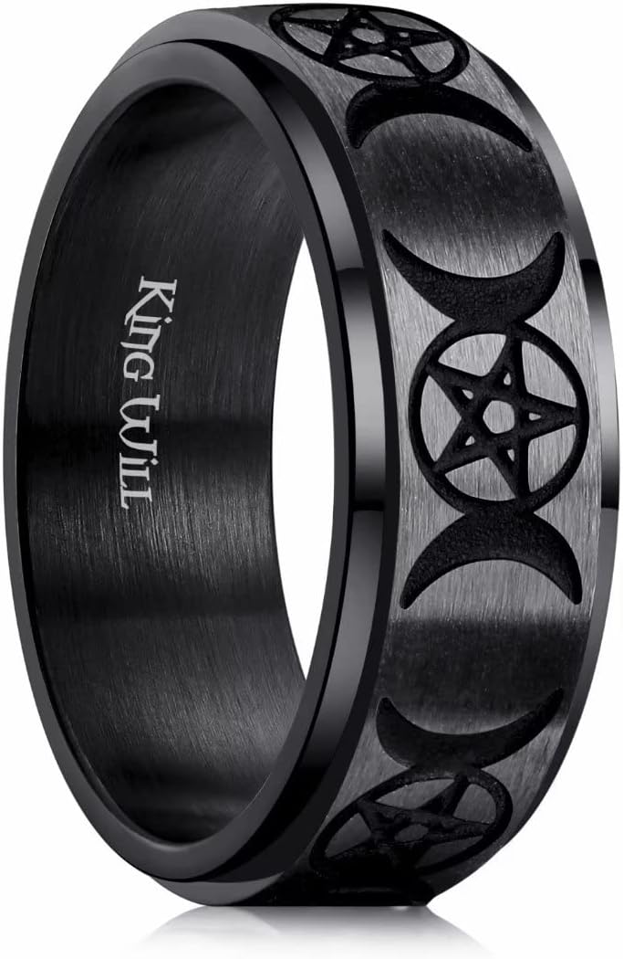 King Will Mens Fidget Ring Black/Gold/Rose Gold/Rainbow 8mm Stainless Steel Ring Spinner Ring For Men Women Stress Anxiety Relief Rotating Ring Finger Teens Toy Moon Sun Star/Triple Moon/Sand Blasted Comfort Fit For Unisex Adults