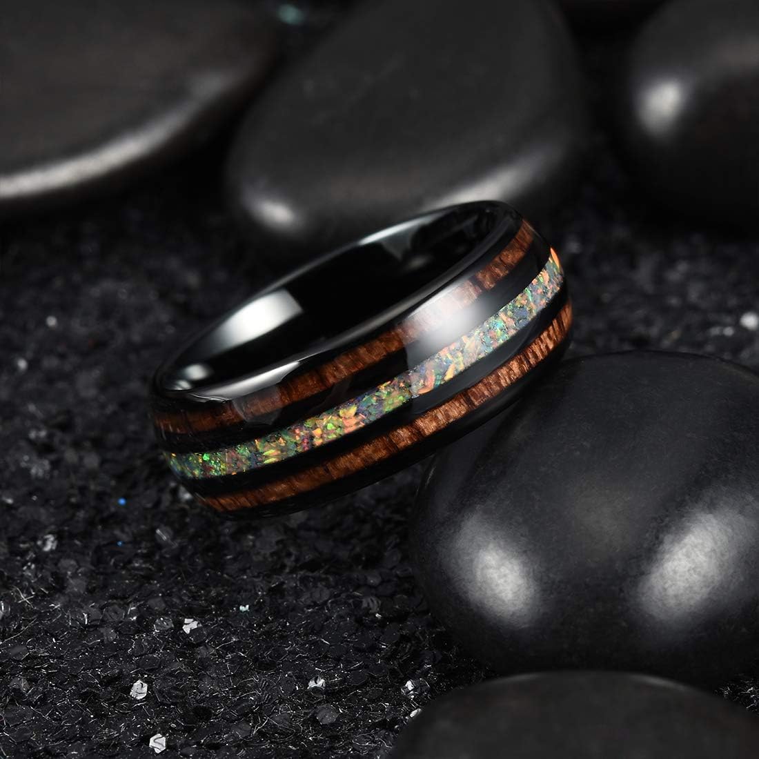 King Will Nature 8mm Turquoise Tungsten Carbide Wedding Ring Abalone Shell Opal Inlaid Real Wood Engagement Band for Men