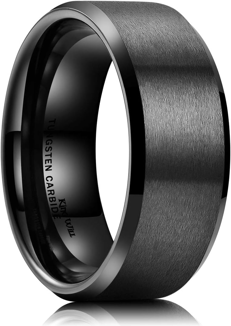 King Will Basic 6mm 7mm 8mm 9mm 10mm Men Wedding Black/Silver Tungsten Ring Matte Finish Beveled Polished Edge Comfort Fit