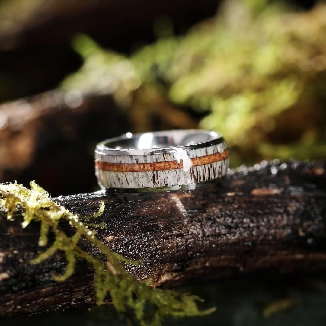 King Will 8mm Black Titanium Ring Sapele Wood Antlers Inlay Wedding Ring High Polished for Women Men Comfort Fit