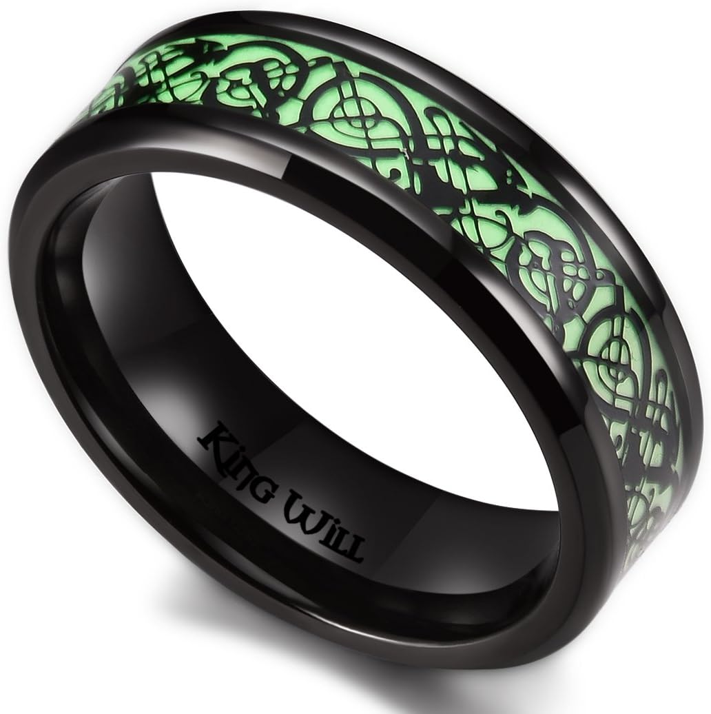 King Will DRAGON Mens Celtic Dragon Titanium Stainless Steel Ring Blue/Black/Green/Red Carbon Fibre Luminou Glow Celtic Dragon Titanium Stainless Steel Ring 7mm 8mm 9mm Zircon Polished Beveled Edge and Black Plated Wedding Band mens