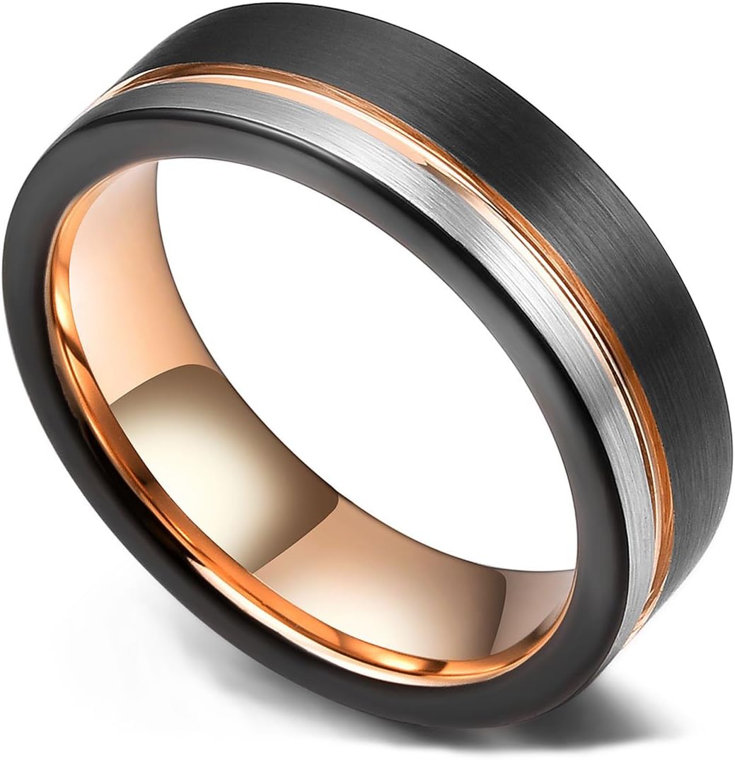King Will LOOP Mens Women Tungsten Carbide Wedding Band 6mm/8mm Rose Gold Line Ring Black Silver Blue Brushed Gold Groove Tungsten rings Comfort Fit