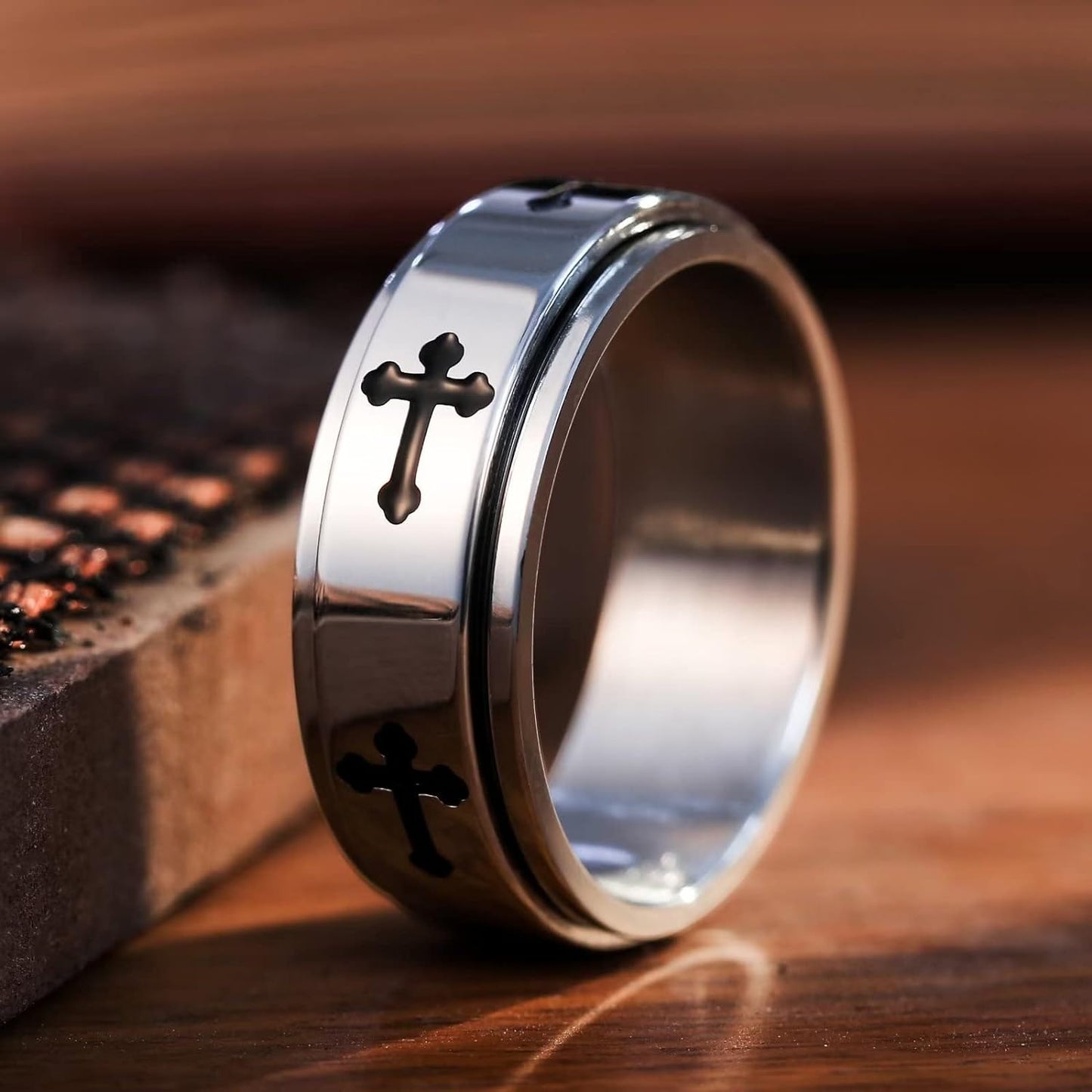 King Will 8mm Black/Gold/Silver Stainless Steel Ring Lord's Prayer Rotatable Ring Men Wedding Band Rings Comfort Fit