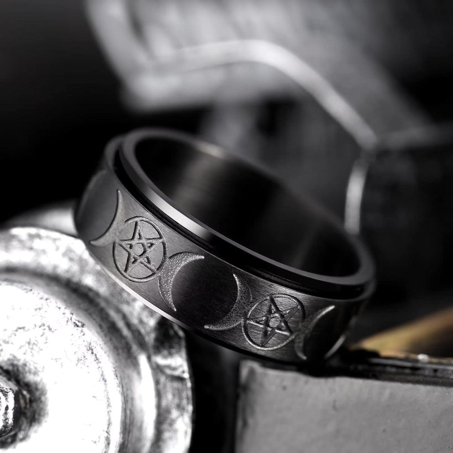 King Will Mens Fidget Ring Black/Gold/Rose Gold/Rainbow 8mm Stainless Steel Ring Spinner Ring For Men Women Stress Anxiety Relief Rotating Ring Finger Teens Toy Moon Sun Star/Triple Moon/Sand Blasted Comfort Fit For Unisex Adults