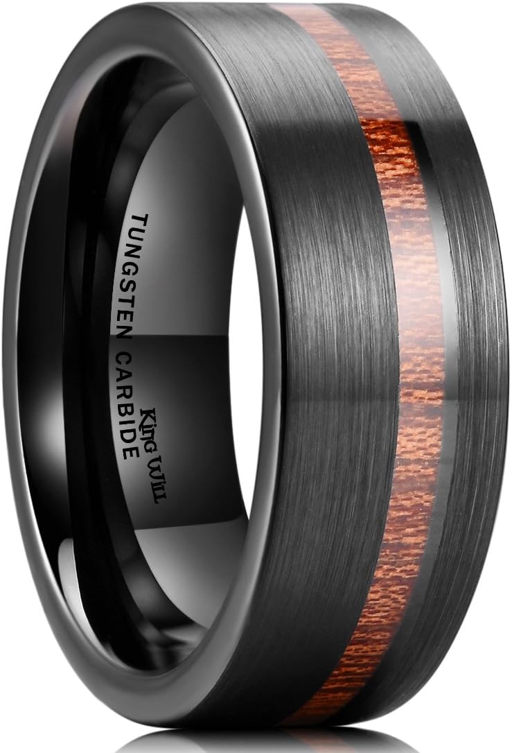 King Will 8mm Wood/Red Opal/Gold Foils/Purple Meteorite Inlaid Black Tungsten Carbide Rings Wedding Band Brushed Hammered Men’s Engagement Ring Comfort Fit for Men Women