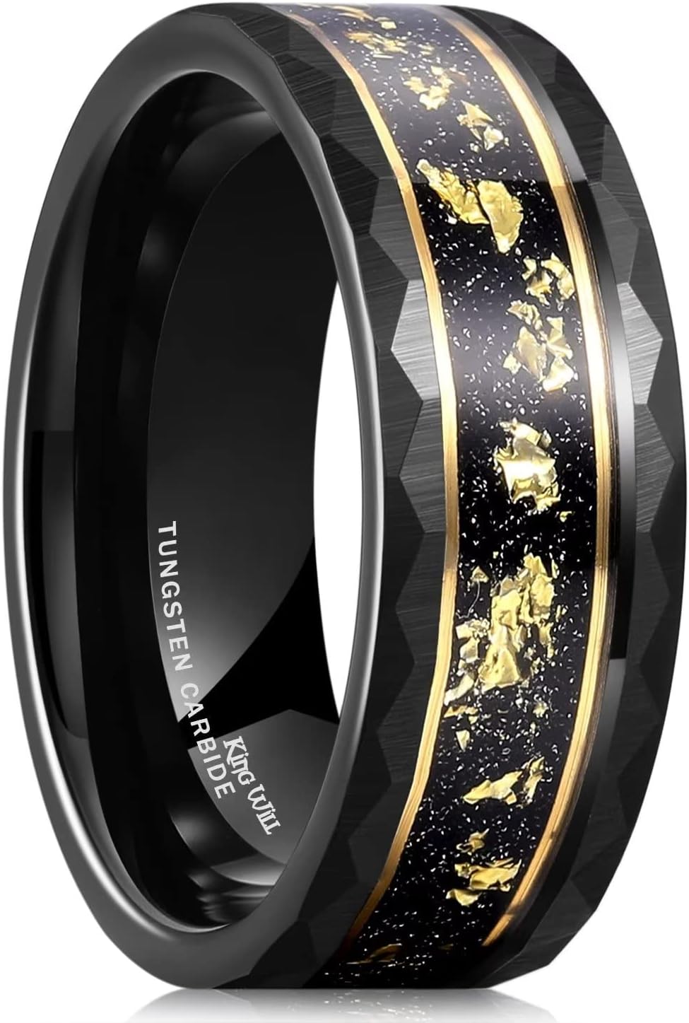 King Will 8mm Wood/Red Opal/Gold Foils/Purple Meteorite Inlaid Black Tungsten Carbide Rings Wedding Band Brushed Hammered Men’s Engagement Ring Comfort Fit for Men Women