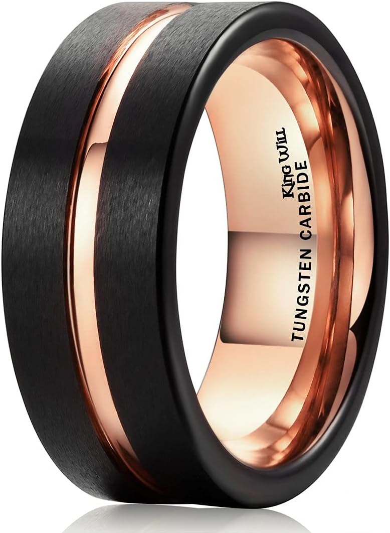 King Will 6mm 7mm 8mm Groove Tungsten Carbide Wedding Ring for Men Black/Silver/Rainbow/Rose Gold/Red/Brown/Blue Thin Groove Center Tungsten Wedding Band Matte Finish