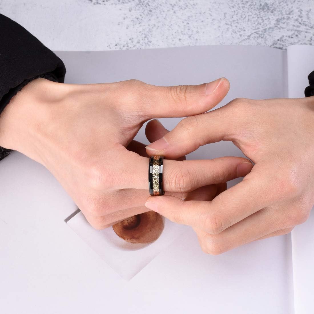 King Will DRAGON Men's 8mm/6mm/5mm Red/Green Carbon Fiber Black Celtic Dragon Tungsten Carbide Ring Comfort Fit Wedding Band