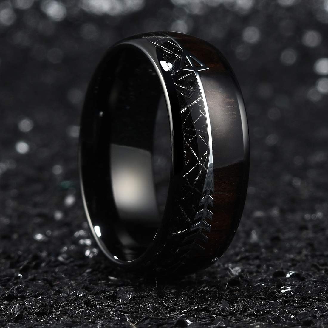 King Will Nature 8mm Arrow Tungsten Carbide Ring Wood Meteorite Sticker Inlay Domed Wedding Ring for Men