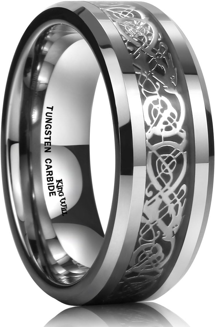 King Will DRAGON Men's 8mm/6mm/5mm Red/Green Carbon Fiber Black Celtic Dragon Tungsten Carbide Ring Comfort Fit Wedding Band