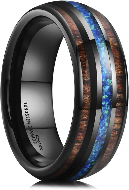 King Will Nature 8mm Turquoise Tungsten Carbide Wedding Ring Abalone Shell Opal Inlaid Real Wood Engagement Band for Men